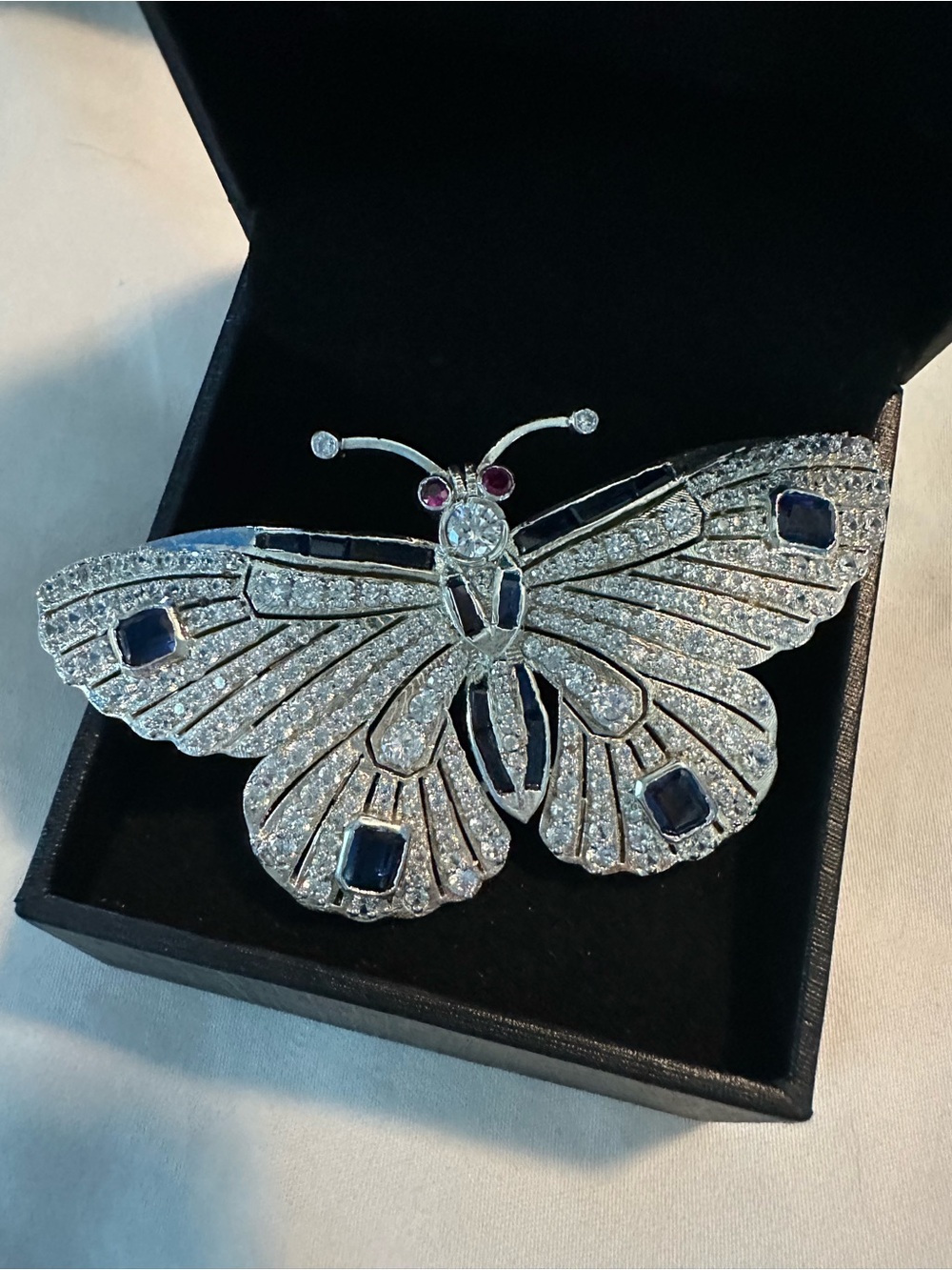 Handmade Sapphire Butterfly Brooch – Sterling Silver & 14K White Gold Finish